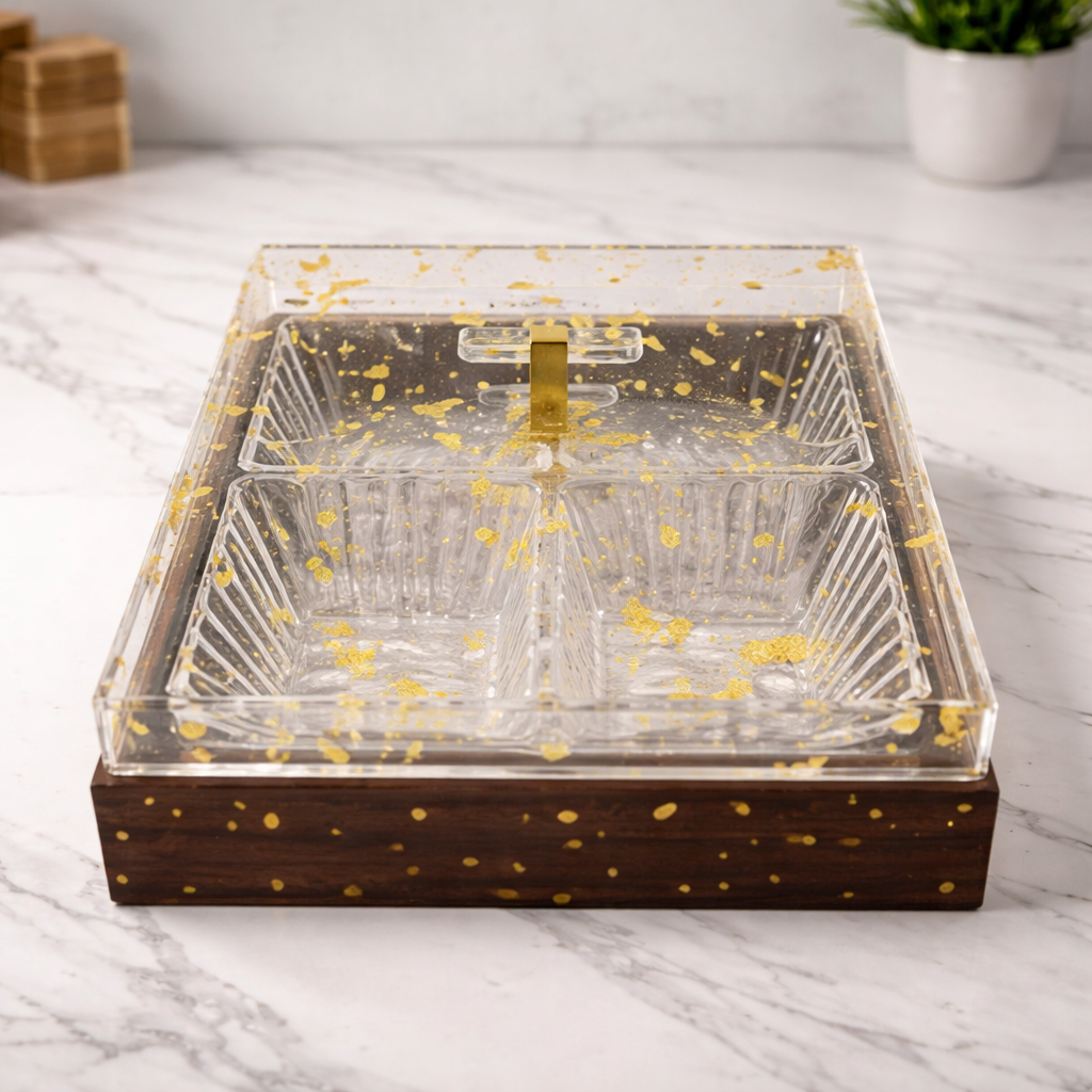 Elegant 4-Section Acrylic Dry Fruit Dish – Decorative Snack & Mithai Serving Tray - Habitt