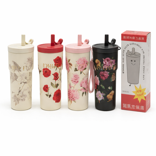 Stainless Steel Vacuum Floral Cup 5305 – 550ML Insulated Travel Tumbler with Straw - Habitt