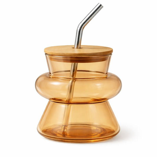 Transparent Golden Glass Mason Jar – Elegant Drink Jar with Wooden Lid & Steel Straw