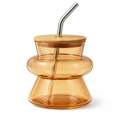 Transparent Golden Glass Mason Jar – Elegant Drink Jar with Wooden Lid & Steel Straw - Habitt