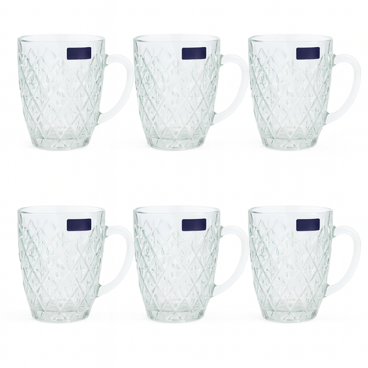 520 ml Crystal-Pattern Juice Mug – Heavy-Duty Glass Mug Set of 6 for Water, Juice, Shakes & Beverages