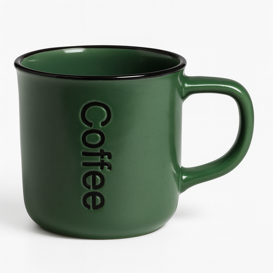 Matte Green Ceramic Coffee Mug – Embossed Text Cup