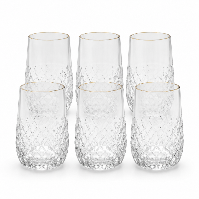 6 Pcs Clear Glass Set with Golden Rim – Textured Drinking Glass Set