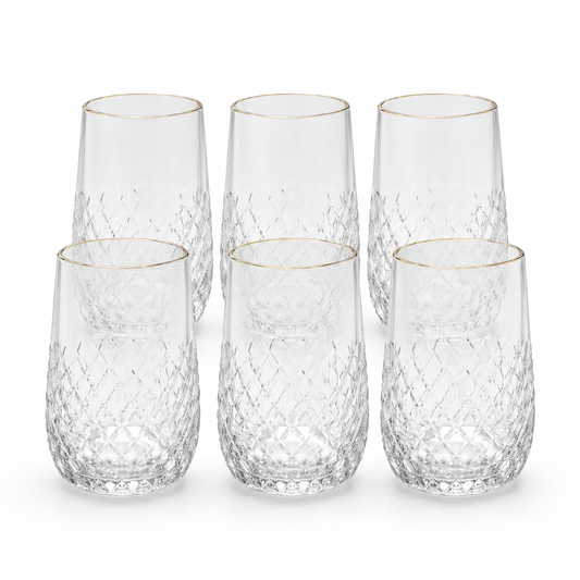 6 Pcs Clear Glass Set with Golden Rim – Textured Drinking Glass Set