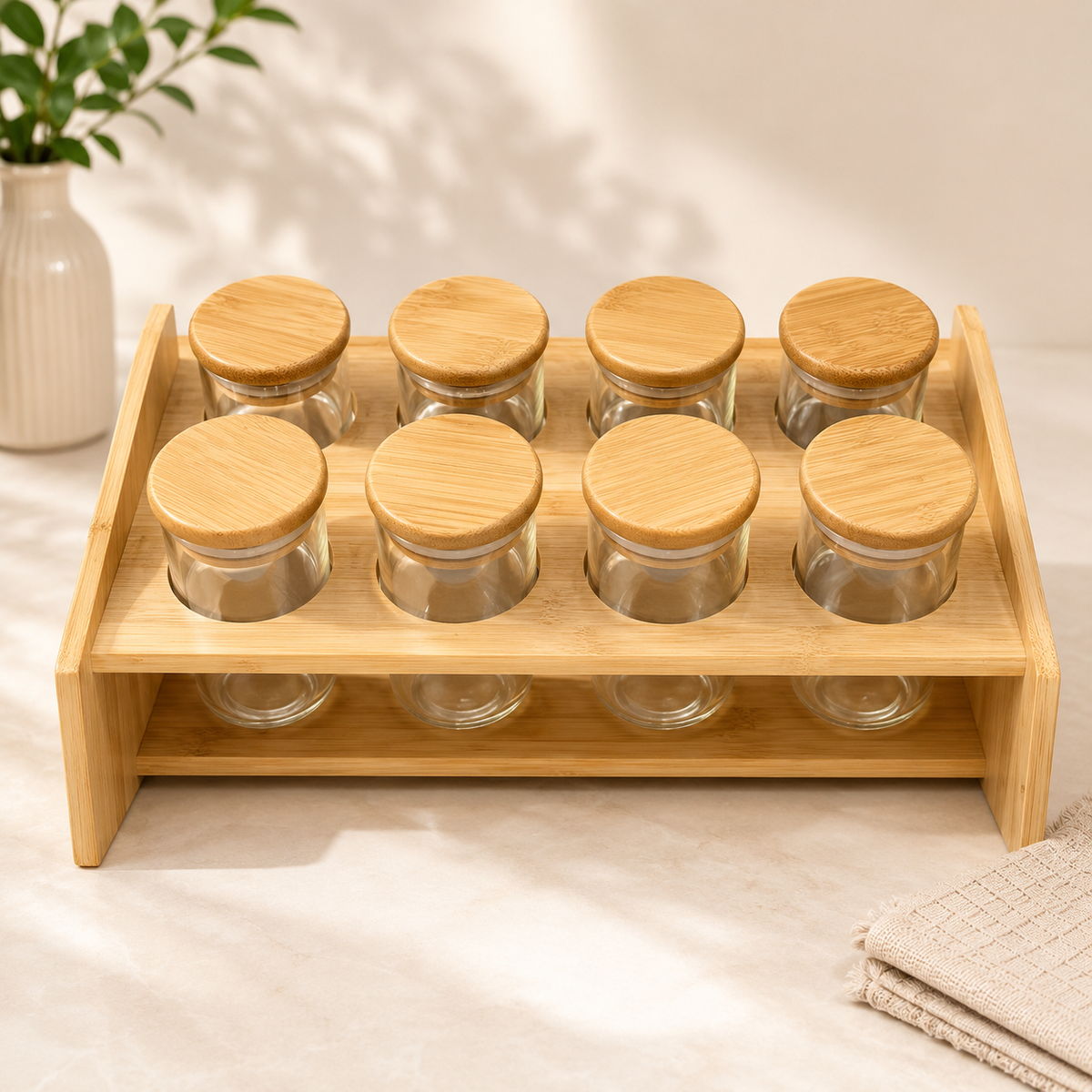 Premium 8PCS Spice Rack Set with Bamboo Stand & Storage Jars - Habitt