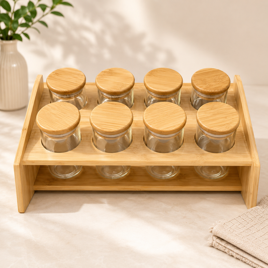 Premium 8PCS Spice Rack Set with Bamboo Stand & Storage Jars - Habitt