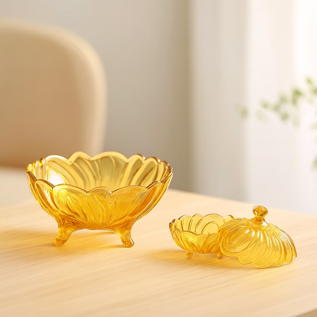 Amber-Tinted Footed 7-Piece Fruit Bowl & Serving Set – Elegant Pressed-Glass Colour Collection