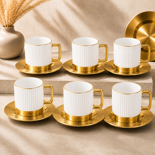 Luxury Metal Cup & Saucer Set – White and Gold Tea Coffee Cups - Habitt