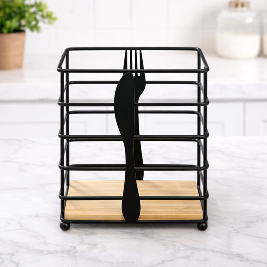 Modern Black Spoon Stand Holder with Wooden Base - Habitt
