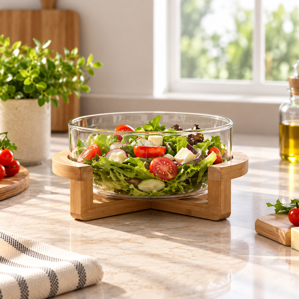 Glass Fruit Basket with Wooden Stand