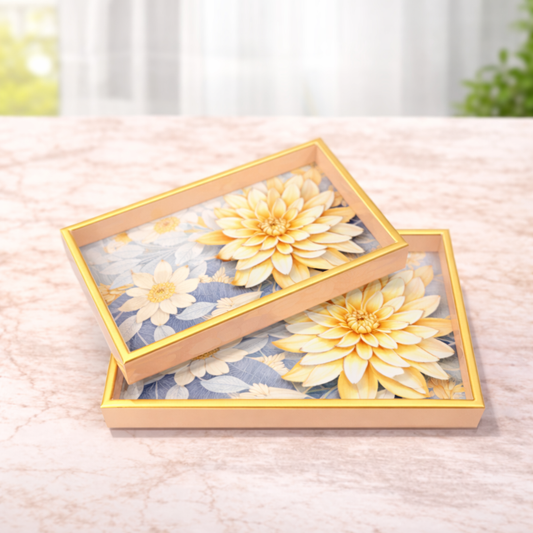 2Pcs Tray Set – Rectangular Serving Trays with Elegant Golden Floral Design - Habitt