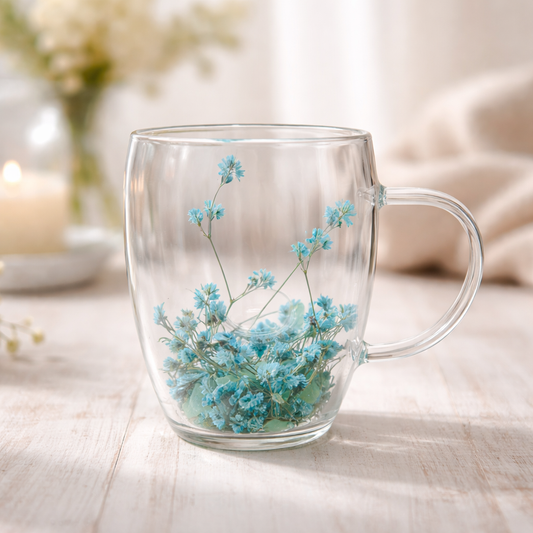 Flower Double Wall Glass Mug – Sky Blue Floral Aesthetic Cup - Habitt