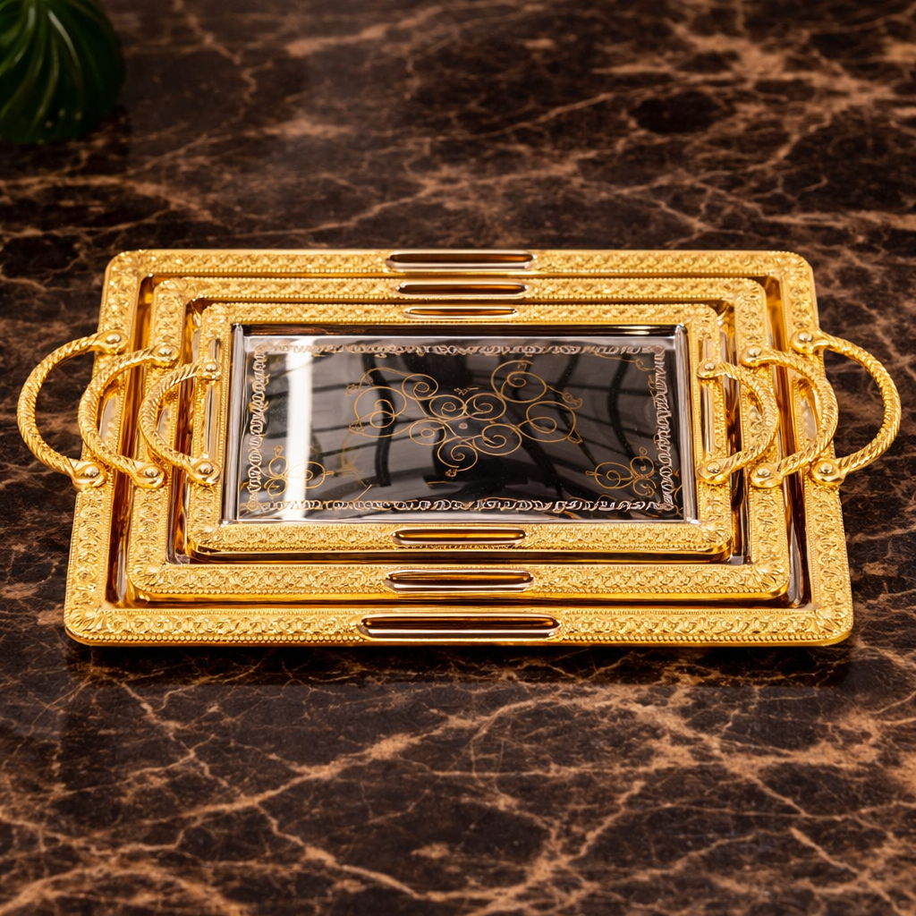 Luxury Tray Set 3PCS – Gold Decorative Serving Trays with Elegant Handles - Habitt
