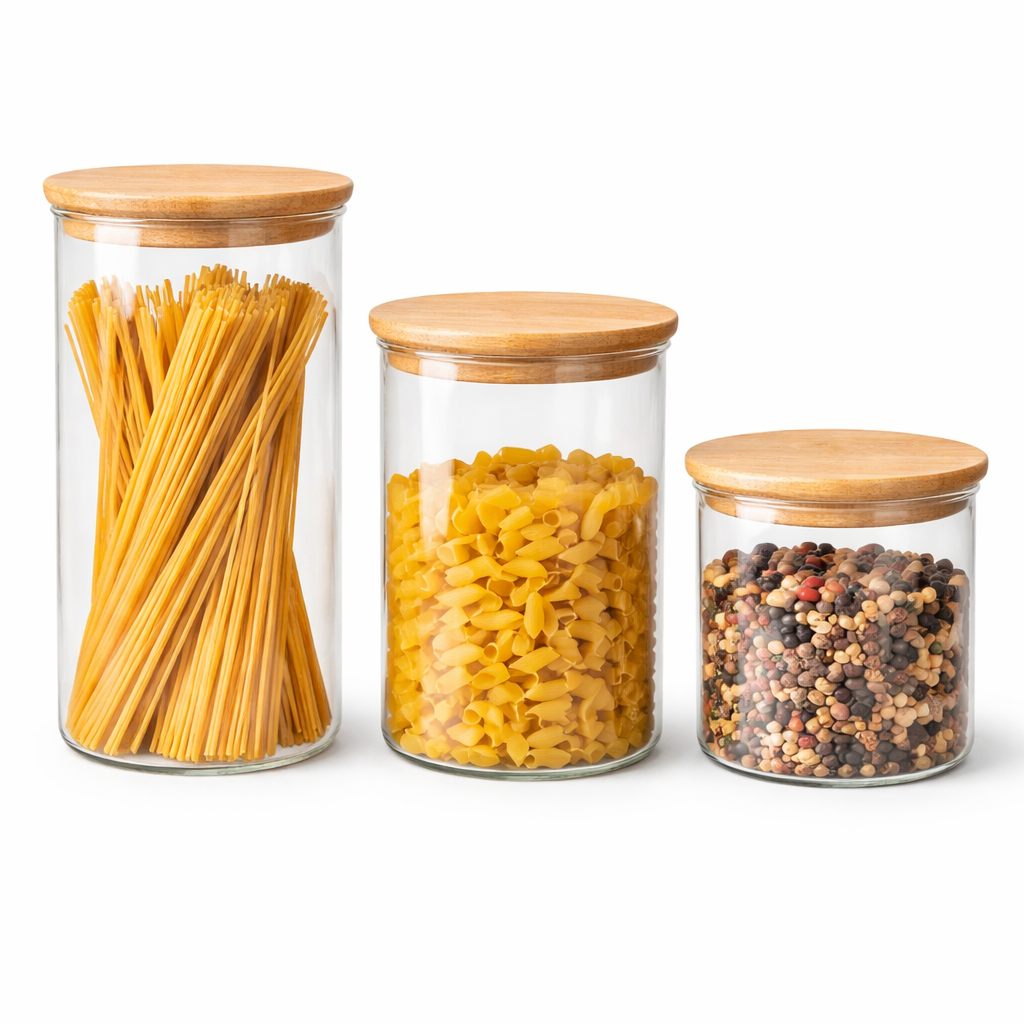 3-Piece Glass Storage Jar Set with Wooden Lids – Small, Medium & Large