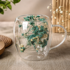 Floral Double Wall Glass Mug – Handmade Transparent Coffee & Tea Cup - Habitt