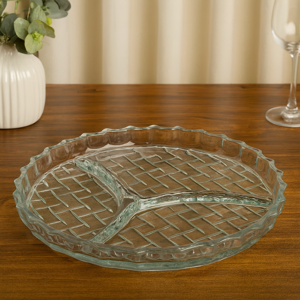 Clear Pressed-Glass 3-Section Dry Fruit Tray – 1 Piece, 224 mm Diameter