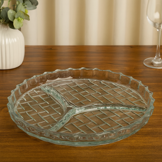 Clear Pressed-Glass 3-Section Dry Fruit Tray – 1 Piece, 224 mm Diameter