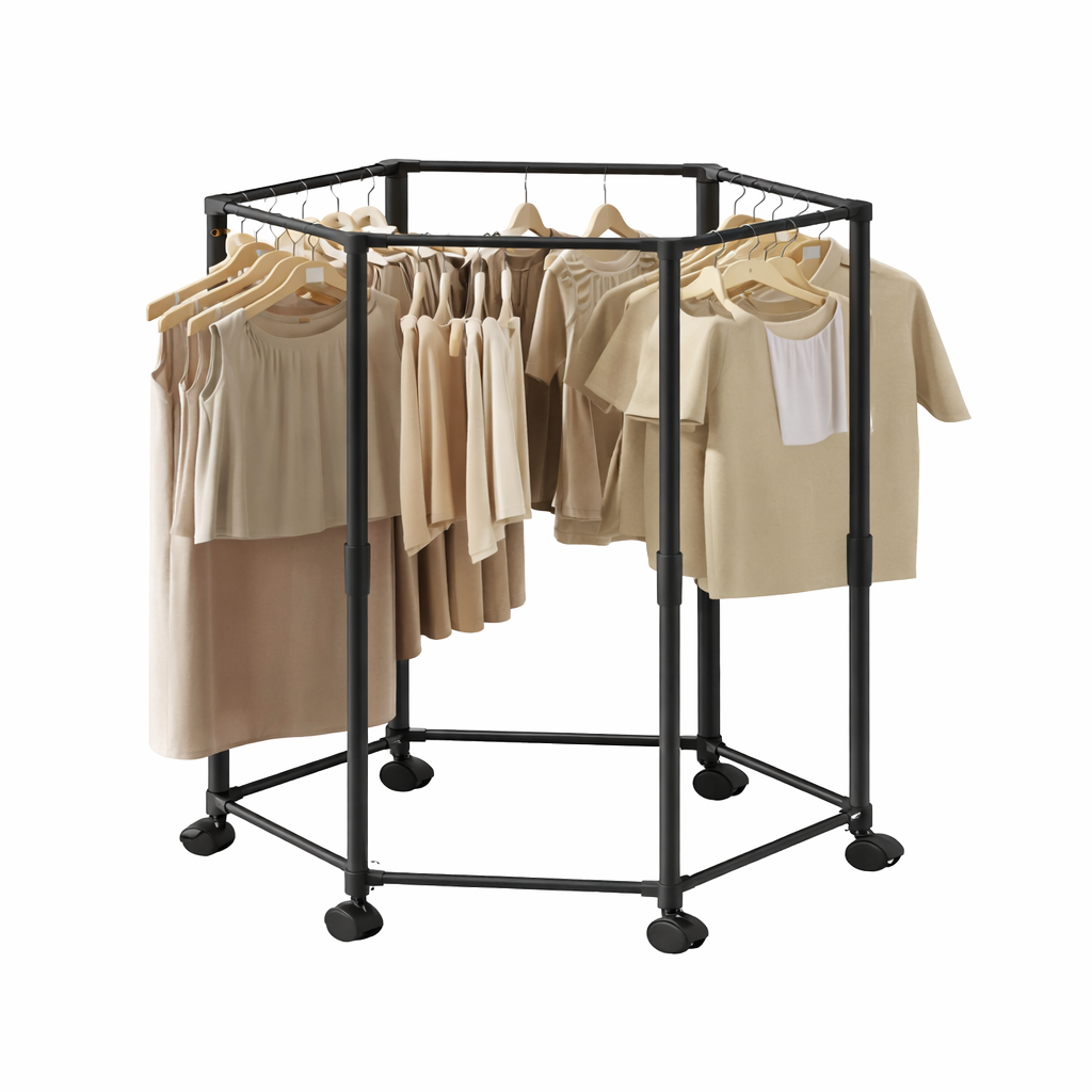 Hexagon Cloth Drying Rack – 360° Rotating Garment Stand with Wheels - Habitt