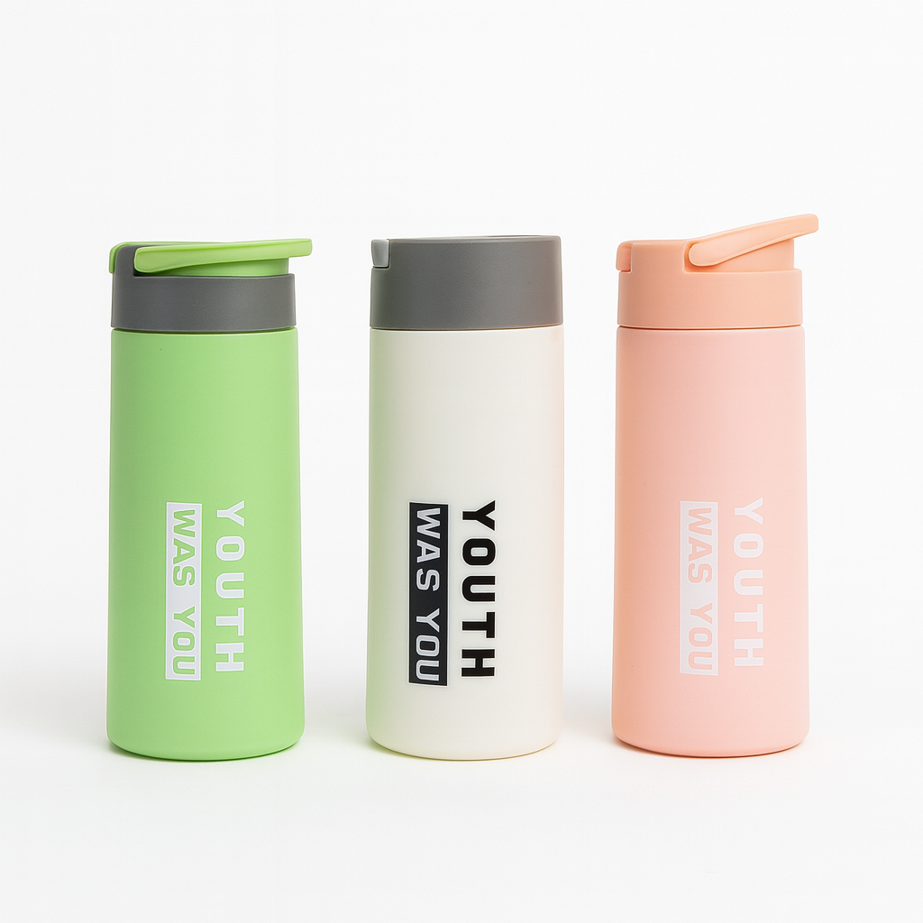 Glass Bottle with Flip Lid – Stylish Printed Drinking Bottle (White, Green, Peach)