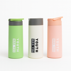 Glass Bottle with Flip Lid – Stylish Printed Drinking Bottle (White, Green, Peach)