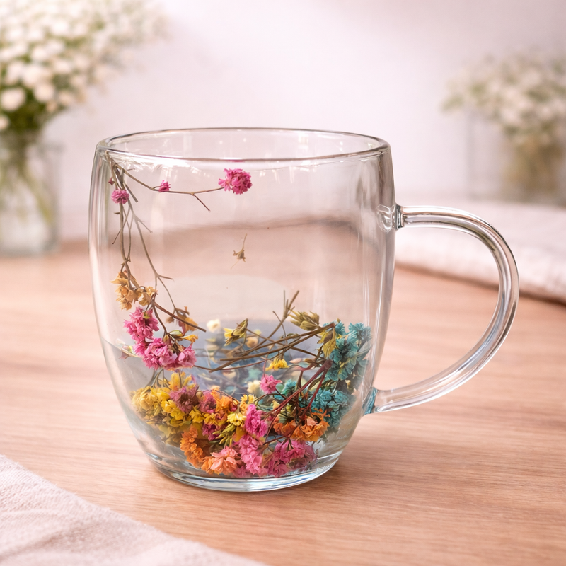 Double Wall Floral Mug – Transparent Tea & Coffee Cup with Dried Flowers - Habitt