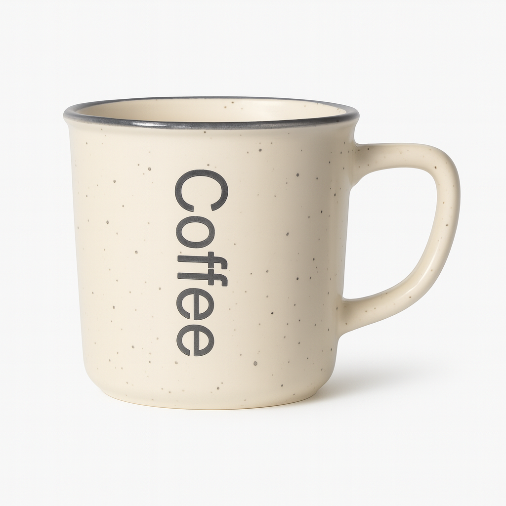 Vintage Beige Ceramic Coffee Mug – Speckled Cup with Printed Text