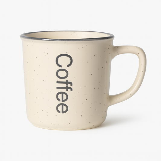 Vintage Beige Ceramic Coffee Mug – Speckled Cup with Printed Text