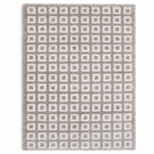 Grey & White Square Geometric Polyester Shaggy Rug
