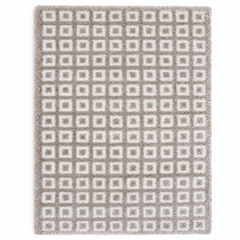 Grey & White Square Geometric Polyester Shaggy Rug