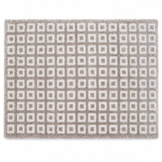Grey & White Square Geometric Polyester Shaggy Rug
