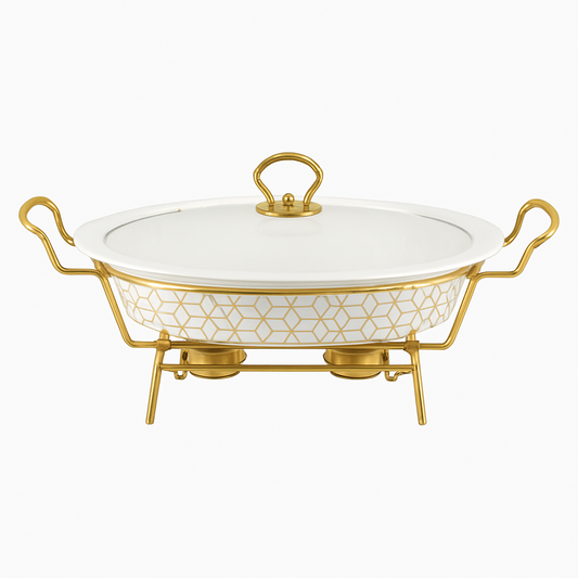 Elegant 11" Oval Ceramic Casserole With Gold Metal Stand – Premium Serving &  Warming Dish
