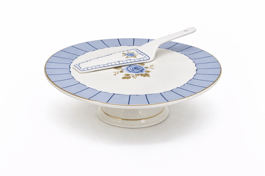 Blue Rose Cake Stand with Lifter – Elegant Ceramic Dessert Pedestal Set