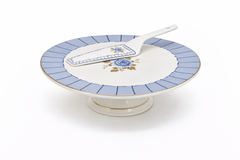 Blue Rose Cake Stand with Lifter – Elegant Ceramic Dessert Pedestal Set