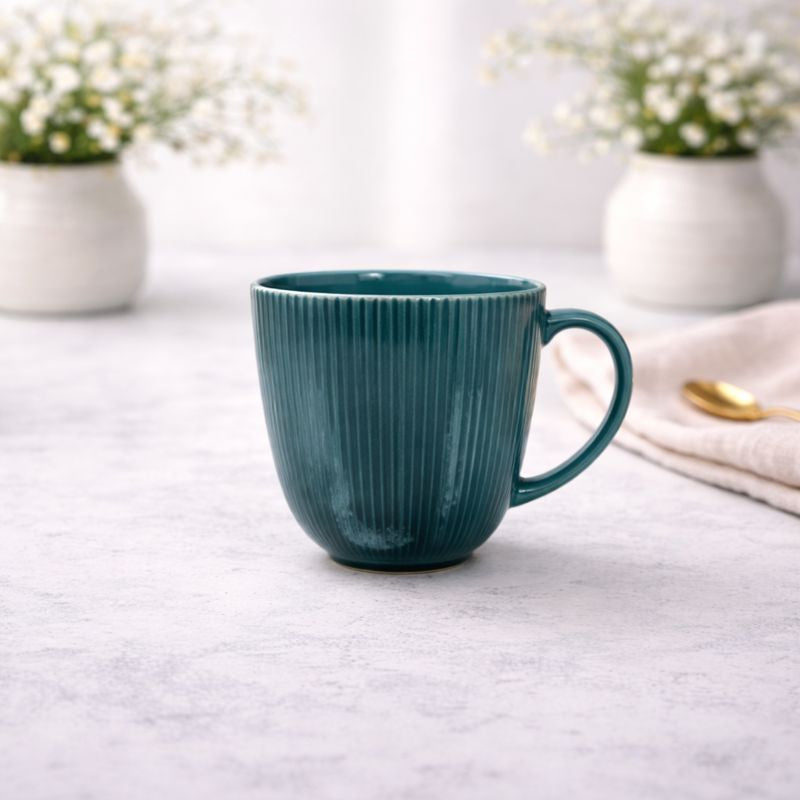 Ribbed Teal Ceramic Coffee Mug – Modern Gloss Finish Tea & Coffee Cup - Habitt