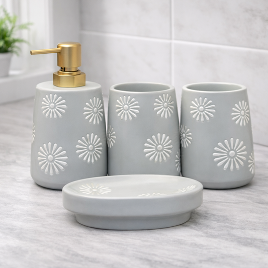 4-Piece Bathroom Accessories Set – Grey with White Floral Pattern Soap Dispenser, Toothbrush Holder & Soap Dish - Habitt