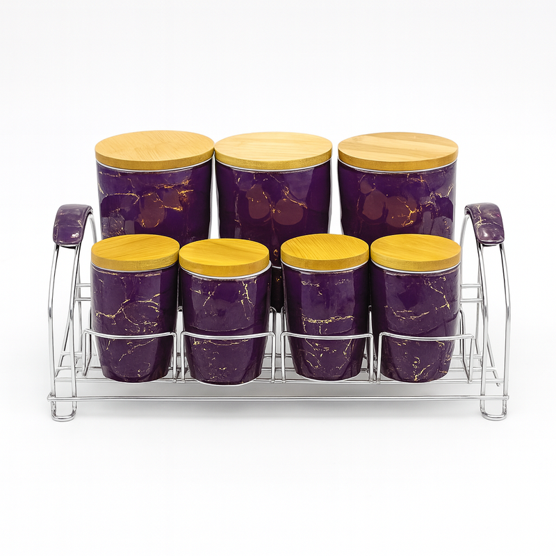 7 Pcs Canister Set with Wooden Lid 2673-V – Purple Marble Kitchen Storage Jars with - Habitt