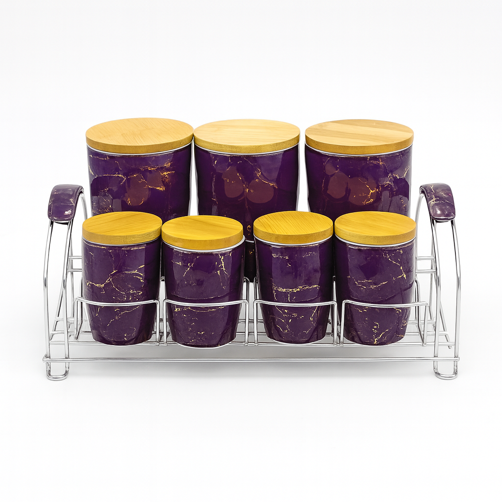 7 Pcs Canister Set with Wooden Lid 2673-V – Purple Marble Kitchen Storage Jars with