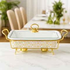 Premium 13" Ceramic Casserole With Gold Metal Stand – Elegant Serving & Warming Dish