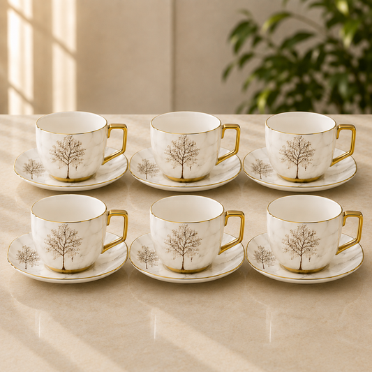 Porcelain Cup & Saucer Set – White Floral with Gold Handle