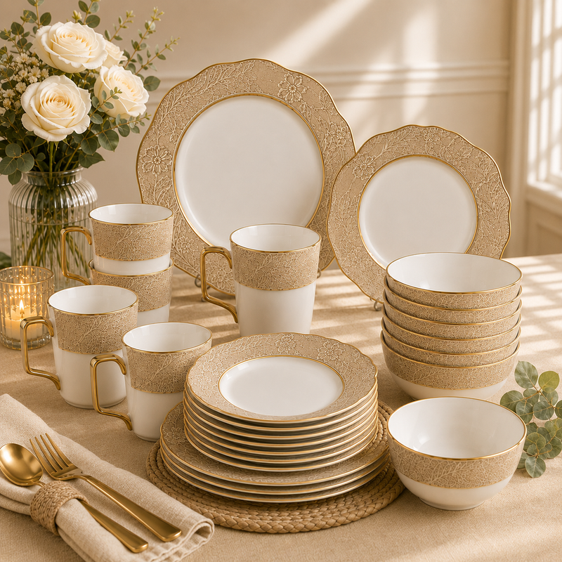 Premium Porcelain Dinner Set – Embossed Floral Design with Gold Rim