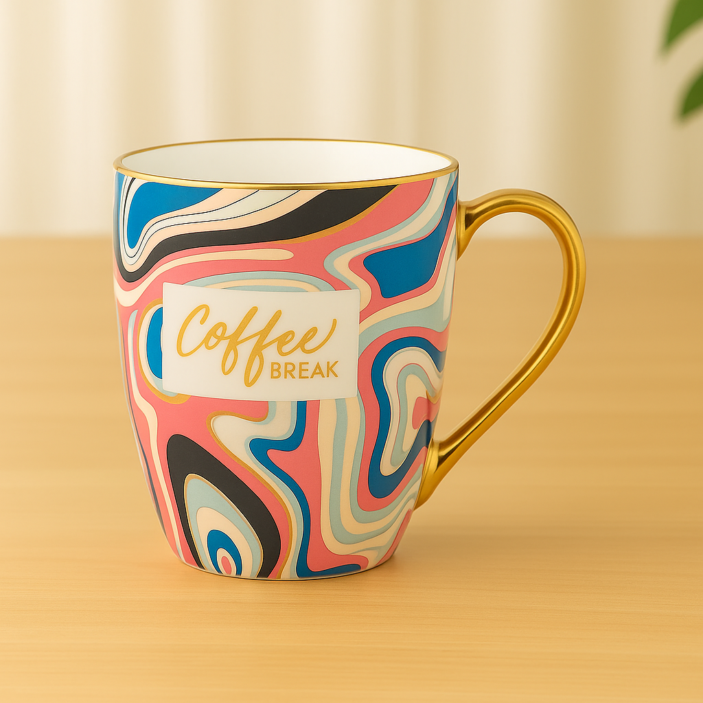 “Coffee Break” Marble Ceramic Mug – Multicolor Gold Handle Coffee Cup
