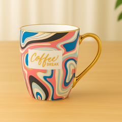 “Coffee Break” Marble Ceramic Mug – Multicolor Gold Handle Coffee Cup