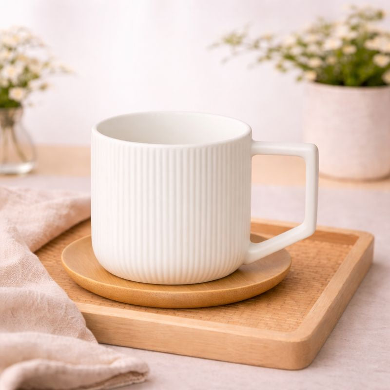 6 Pcs Cups & Bamboo Saucers – White Ribbed Ceramic Tea Set