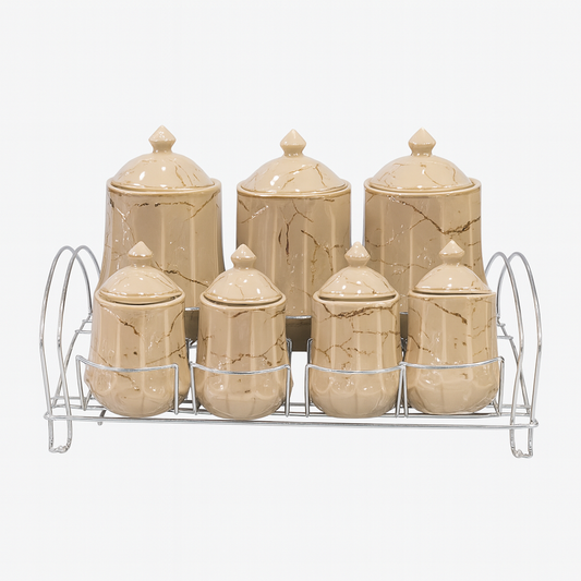 7 Pcs Canister Set with Ceramic Lid 2746-B – Beige Marble Kitchen Storage Jars