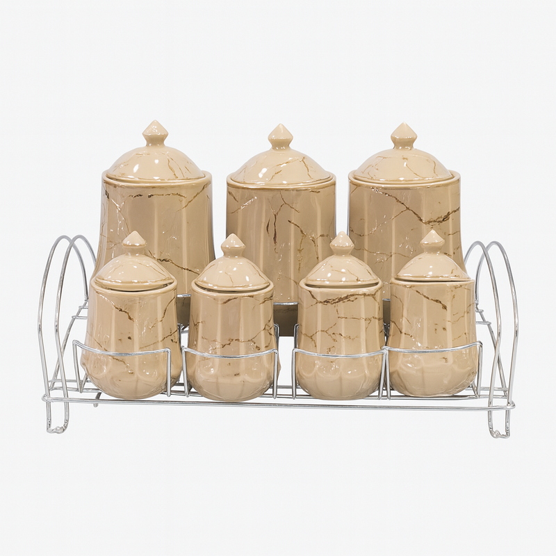 7 Pcs Canister Set with Ceramic Lid 2746-B – Beige Marble Kitchen Storage Jars - Habitt