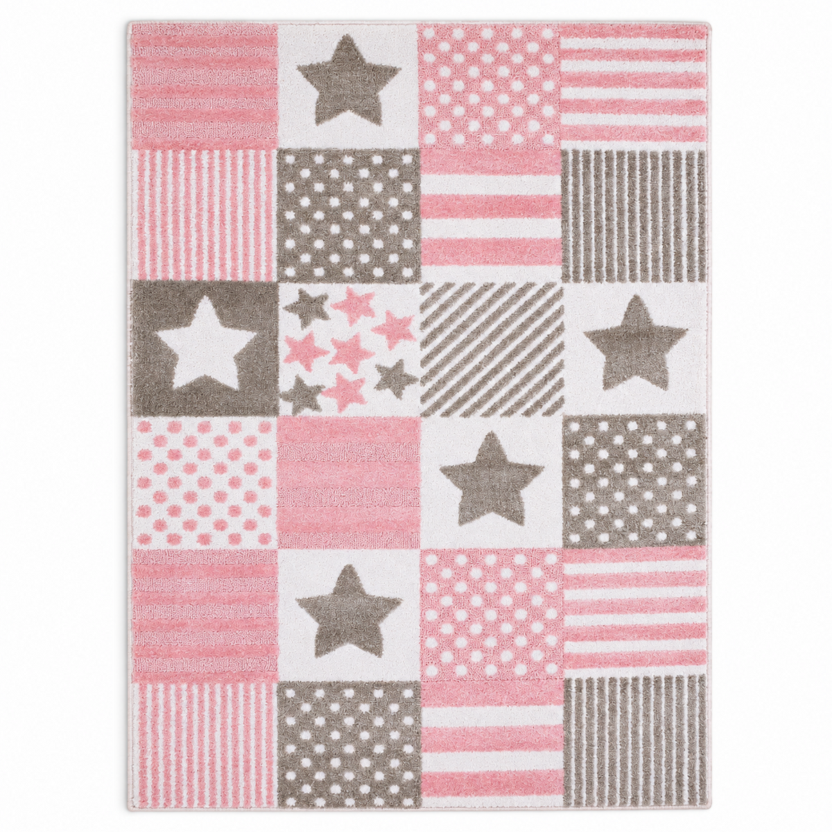 Pink & Grey Star Patchwork Kids Polyester Rug