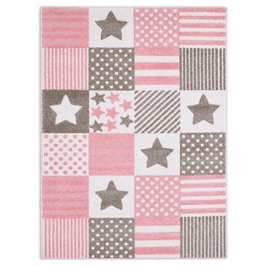 Pink & Grey Star Patchwork Kids Polyester Rug