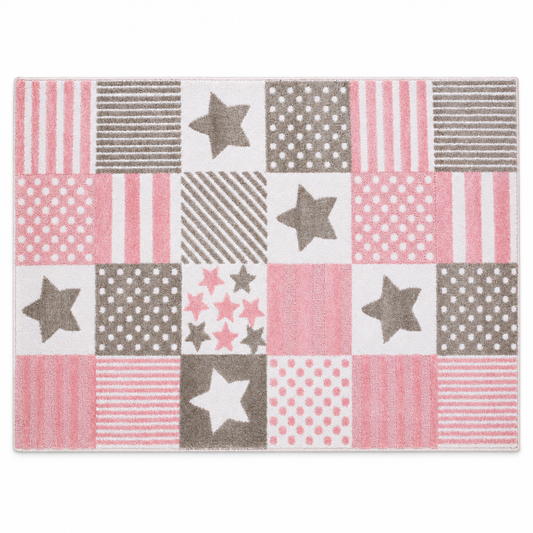 Pink & Grey Star Patchwork Kids Polyester Rug