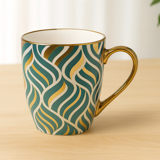 Luxury Mug – Gold & Green Patterned Design
