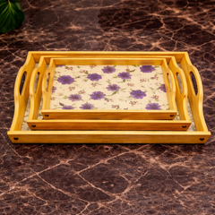 Tray Set 3PCS Wooden – Floral Print Serving Trays with Handles - Habitt